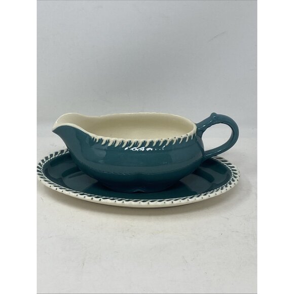 Harker Pottery Corinthian Teal Green Gravy Boat & Plate White Trim Harkerware - Picture 1 of 11